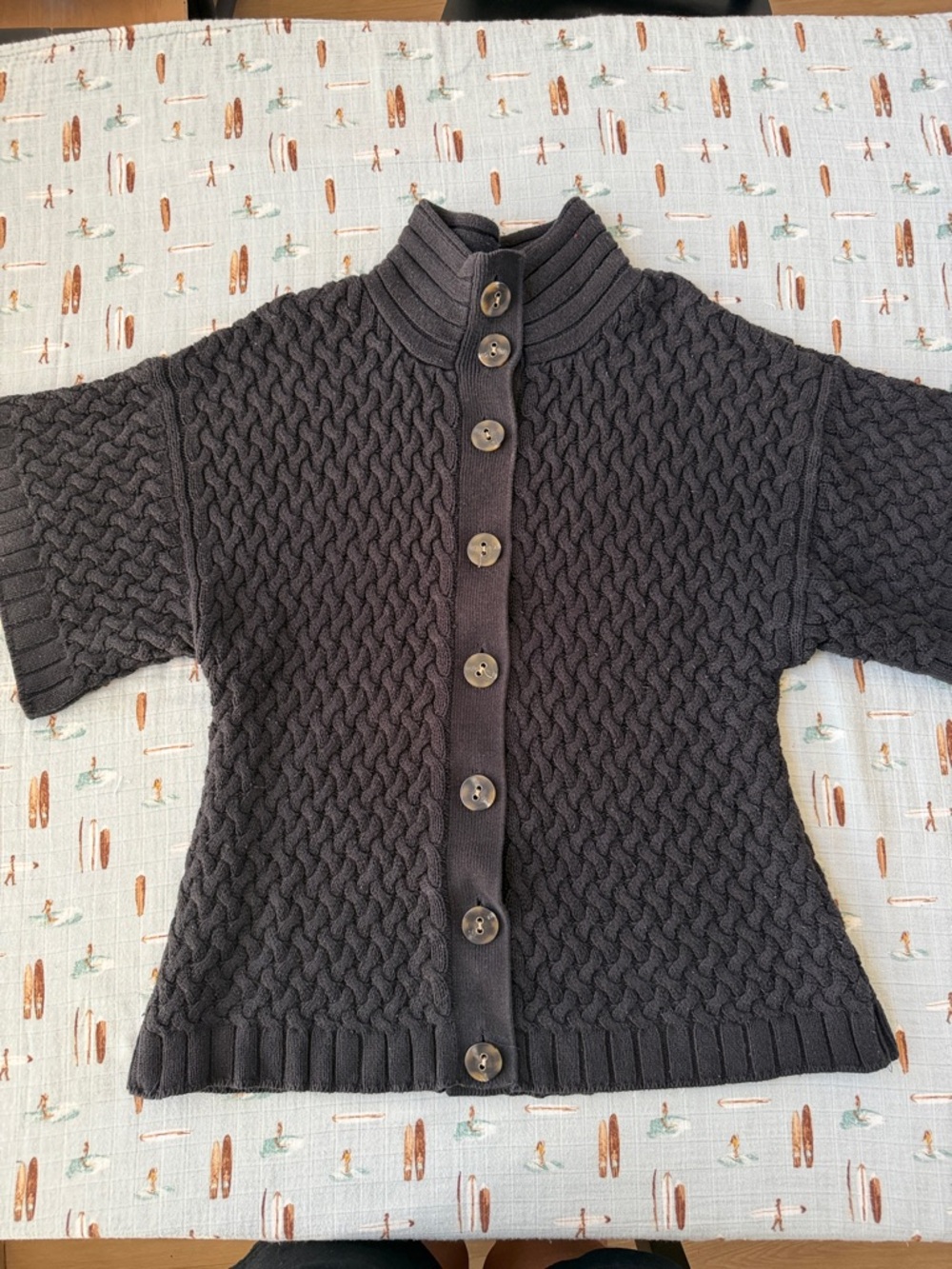 Chunky Knit Short-Sleeve Button-Up Sweater - Black -Vintage